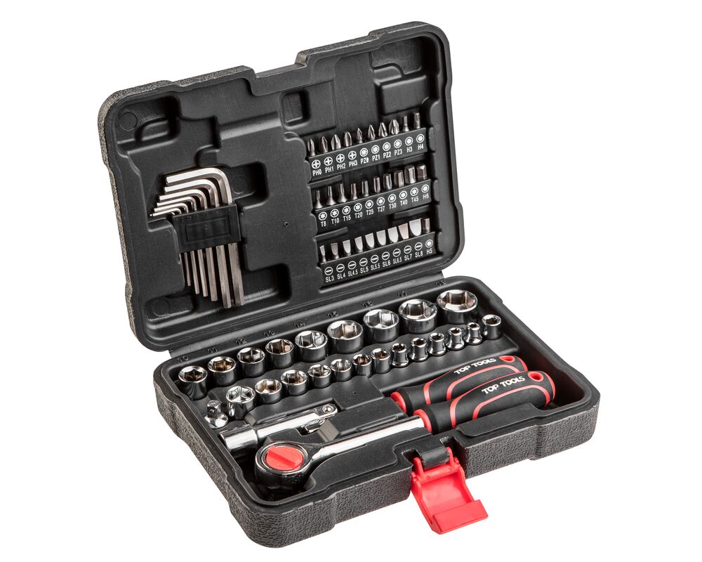 Klucze nasadowe 1/4", 3/8", zestaw 63 sztuki Top Tools