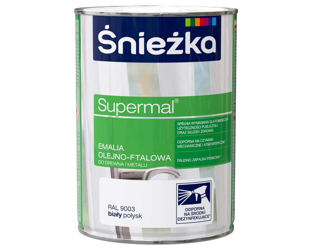 Farba emaliowa olejno-ftalowa Supermal połysk biały 0,8 l Śnieżka