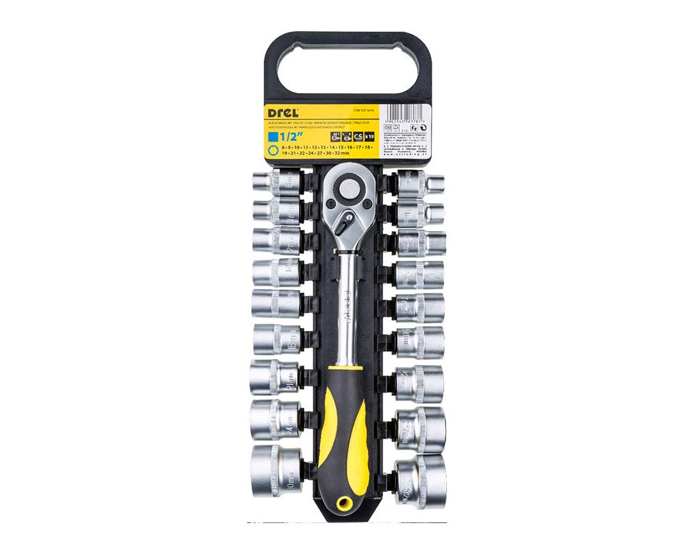 Klucz nasadowy z grzechotką 1/2'' 8,0-32 mm komplet 19 szt. Drel