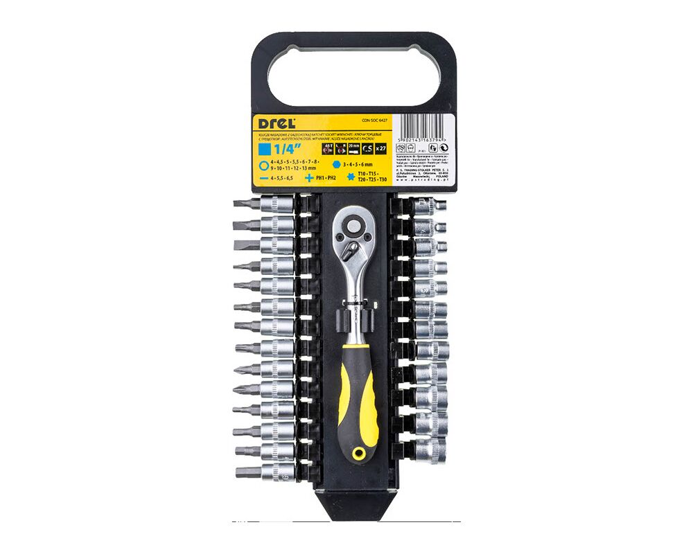 Klucz nasadowy z grzechotką 1/4'' 4,0-13 mm komplet 27 szt. Drel