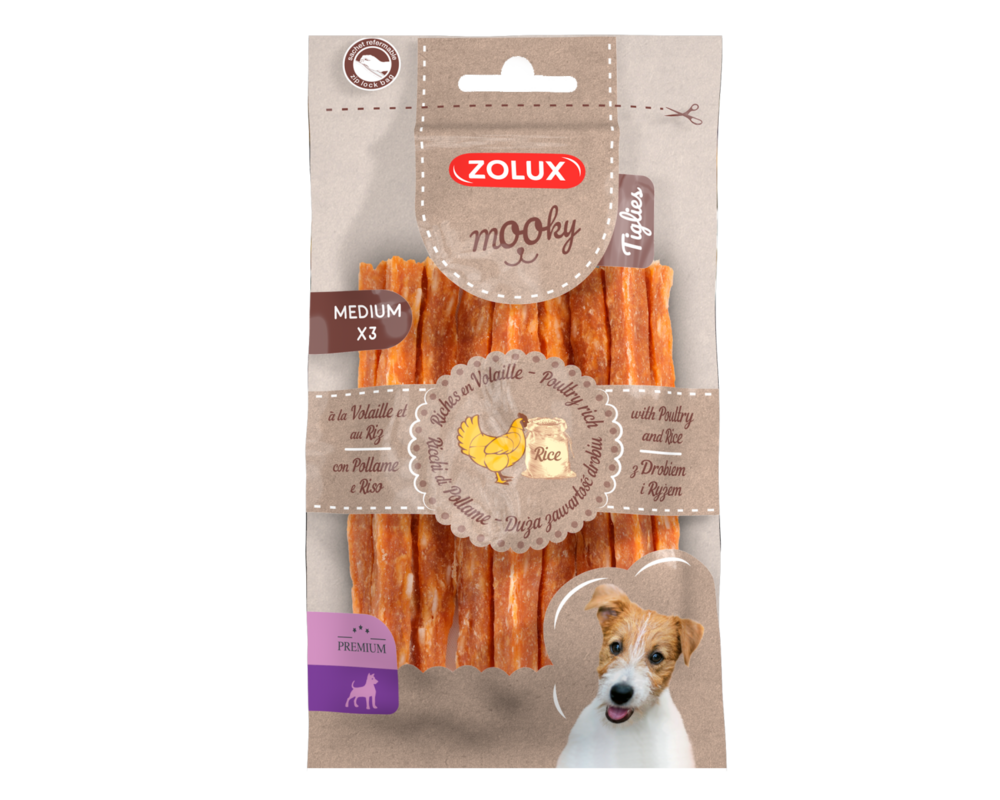 Przysmak MOOKY Premium Tiglies drób ryż M x 3 szt. Zolux