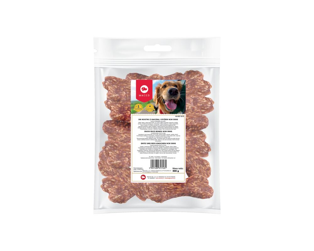Karma uzupełniająca dla psów kostki z kaczką i ryżem 9 cm 500 g Maced