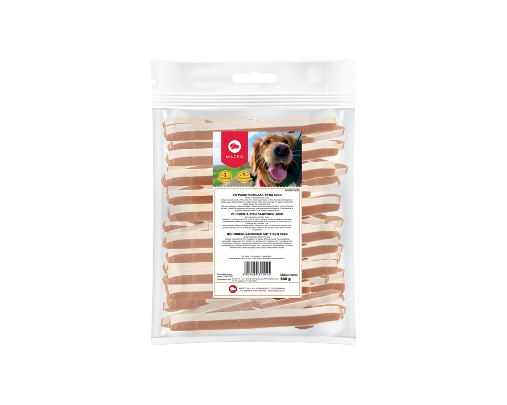 Karma uzupełniająca dla psów paski kurczak ryba 500 g Maced
