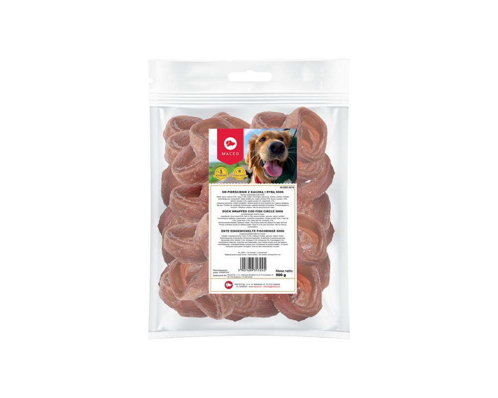 Karma uzupełniająca dla psów pierścienie z kaczką i rybą (kalmar) 500 g Maced