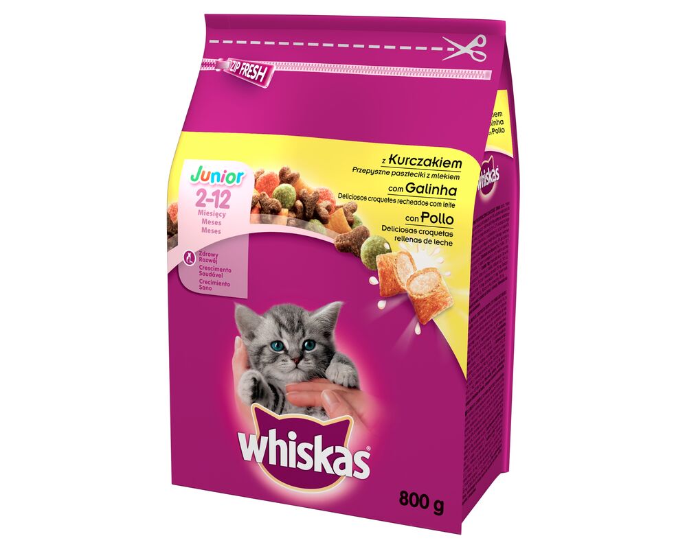 Karma dla kotów Junior pełnoporcjowa z kurczakiem przepyszne paszteciki z mlekiem 2-12 miesięcy 800 g Whiskas