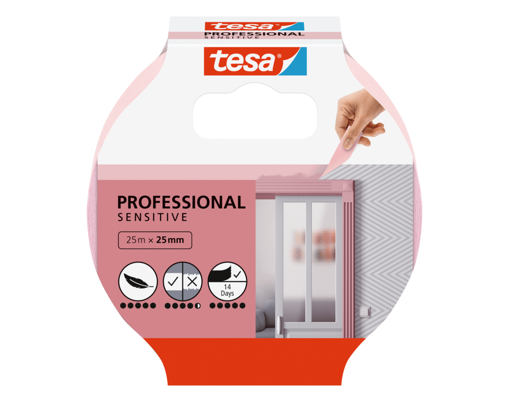 Taśma malarska Professional sensitive do delikatnych powierzchni 25 m x 25 mm różowa tesa
