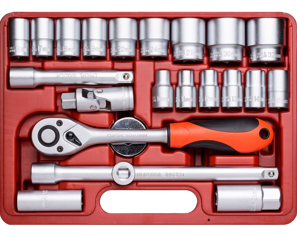 Klucz nasadowy z grzechotką 72T, 1/2", 10 - 32 mm zestaw 23 sztuk Jufisto
