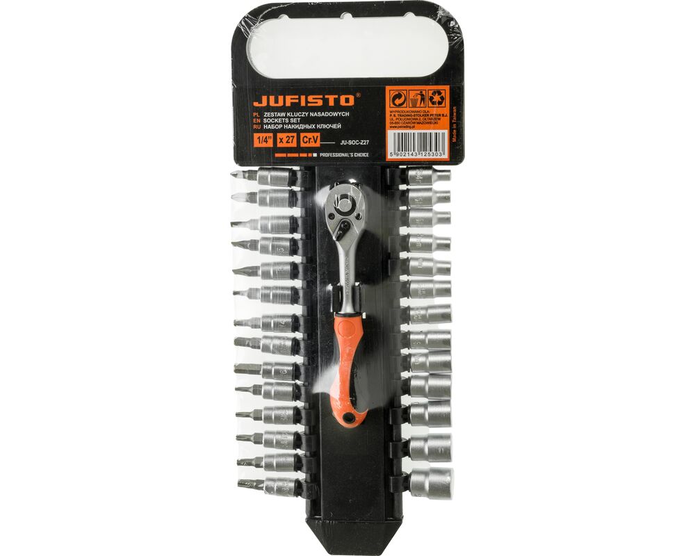 Klucz nasadowy z grzechotką 72T, 1/4", 4,0 - 13 mm zestaw 27 sztuk Jufisto