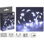 Drut srebrny z gwiazdkami 40 LED zimny biały 195 cm