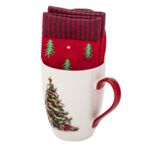 Kubek świąteczny 360 ml i skarpetki w choinki czerwony