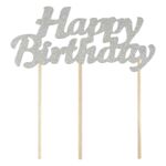 Dekoracja na tort piker Happy Birthday srebrny