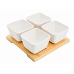 Komplet miseczek do dipów na podstawce bambusowej Adria kwadratowe biały