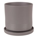 Doniczka cylinder Rille 21 cm basaltowy + podstawka matowy szary