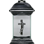 Znicz kapliczka szklana z aplikacją krzyż srebrny 14,5 x 26 cm srebrny