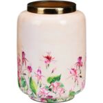 Wazon dekorowany metalowy 15 x 20,5 cm beż kwiaty