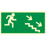 Oznaczenie "Kierunek do wyjścia drogi ewakuacyjnej schodami w dół w prawo" 15 x 30