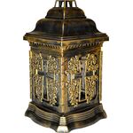 Znicz szklany w plastikowej obudowie kapliczka złoty 26 cm krzyż ADMIT