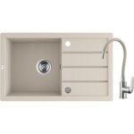 Zlewozmywak granitowy TRZYNASTKA 1 komora z ociekaczem 48 x 79 cm z syfonem i baterią elastyczną beż