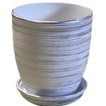 Doniczka Classic wysoka 19 cm ceramiczna biało-srebrna z podstawką