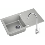 Zlewozmywak granitowy Lagoon 76 x 43,5 cm szary z baterią chromowaną Doris