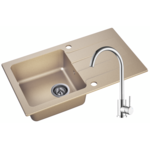 Zlewozmywak granitowy Lagoon 76 x 43,5 cm beżowy z baterią chromowaną Doris