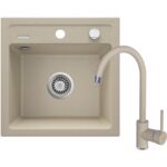 Zlewozmywak ZORBA piaskowy granit 1K B/O 440 x 440 x 170 mm 3,5" + osprzęt PLUS bateria NEMEZJA z wylewką "U"