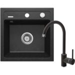Zlewozmywak ZORBA grafitowy granit 1K B/O 440 x 440 x 170 mm 3,5" + osprzęt PLUS bateria NEMEZJA z wylewką "U"