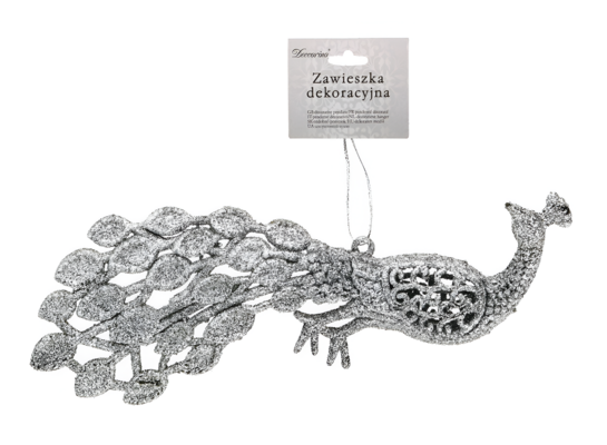 Zawieszka paw 20 x 2,5 cm srebrna