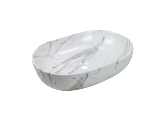 Umywalka nablatowa TEJA 60 cm owalna efekt marmuru biała połysk