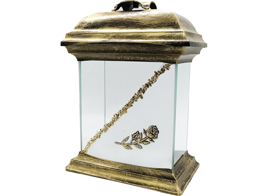 Znicz katedra szklana z różą 12 x 26 cm złoty