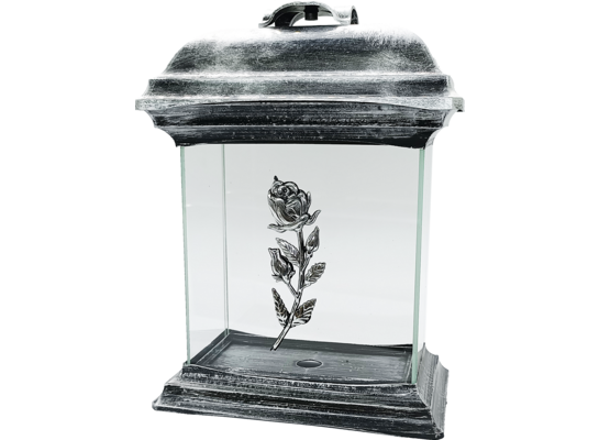 Znicz katedra szklana z różą 12 x 26 cm srebrny