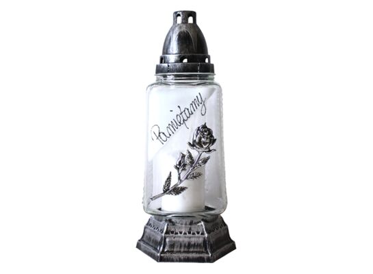 Znicz szklany Z-35/S róża pamiętamy 11 x 30 cm 40 h 75 g