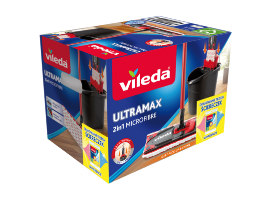 Mop płaski, wiadro Ultramax BOX + zestaw 3 ściereczek Vileda