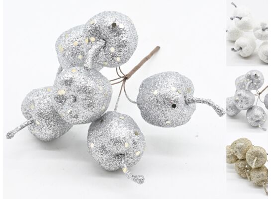 Pik z brokatowymi jabłkami 6 sztuk srebrny / złoty / biały