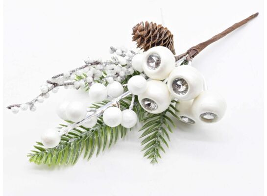 Gałązka ozdobna z szyszką 25 cm biało-zielony