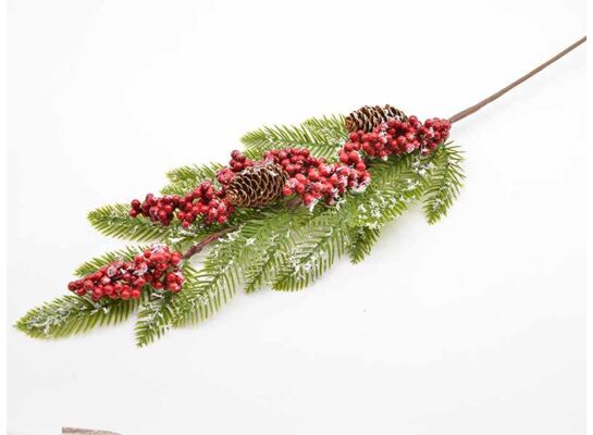 Gałązka ozdobna z oszronioną jarzębiną i szyszkami 80 cm