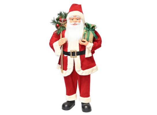 Figura tekstylna Święty Mikołaj z prezentem 90 cm