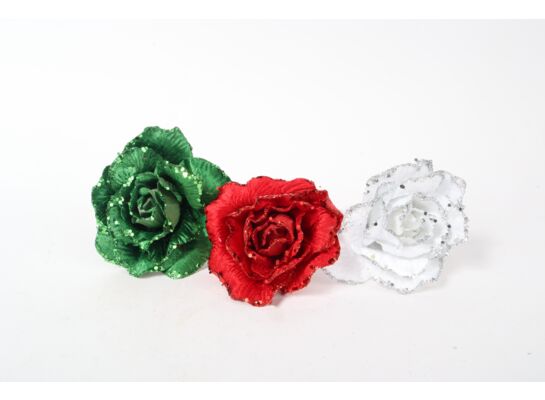 Róża na piku z klipsem 19 cm czerwony / zielony / biały