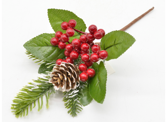 Gałązka ozdobna z jarzębiną i szyszką 21 cm