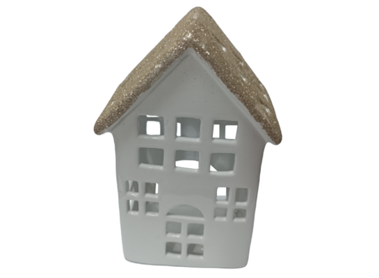 Ceramiczny domek z brokatowym dachem 21 cm biało-złoty