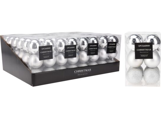 Bombka plastikowa 6 cm 12 sztuk mix srebrny