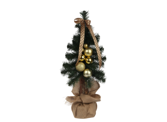 Choinka dekorowana na pniu ze złotą kokardą 70 cm