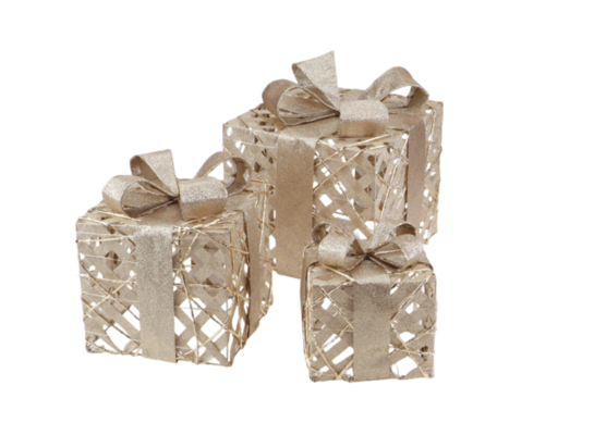 Komplet ozdobnych prezentów świątecznych 30 LED 17 / 23 / 30 cm złoty 3 sztuki