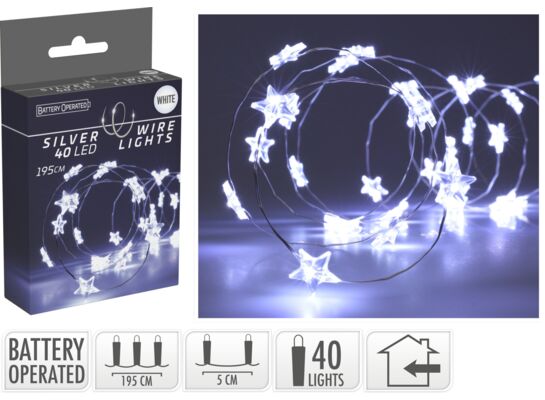 Drut srebrny z gwiazdkami 40 LED zimny biały 195 cm