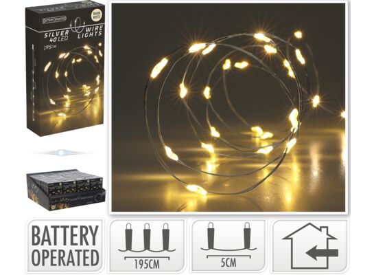 Drut srebrny 40 LED ciepły biały 195 cm