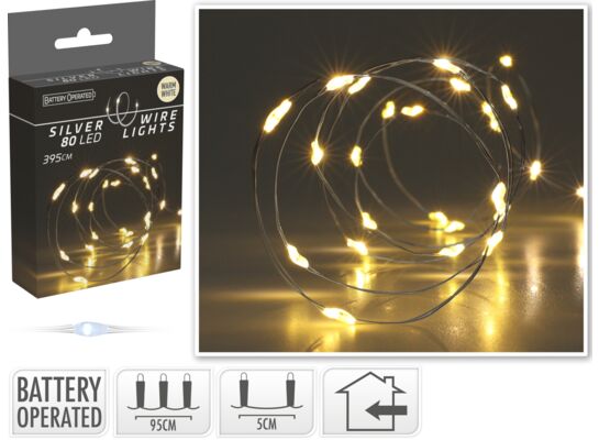 Drut srebrny 80 LED ciepły biały 395 cm