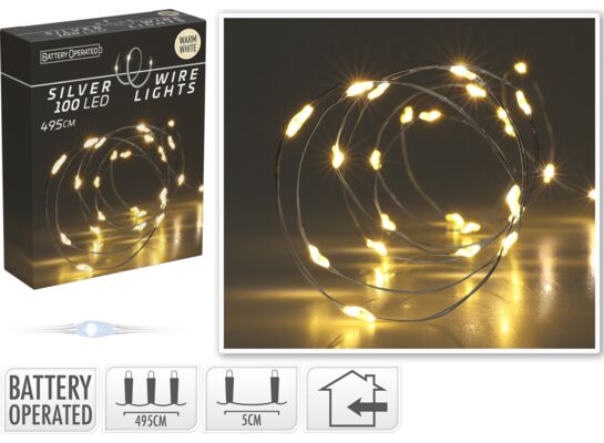 Drut srebrny z gwiazdkami 100 LED ciepły biały 495 cm