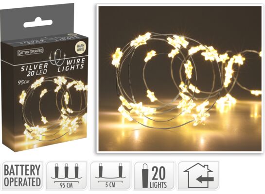 Drut srebrny z gwiazdkami 20 LED ciepły biały 95 cm