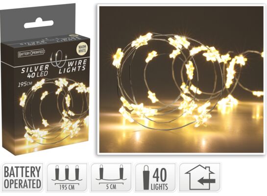 Drut srebrny z gwiazdkami 40 LED ciepły biały 195 cm