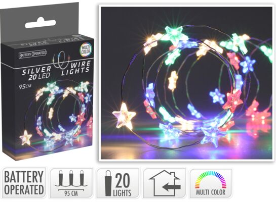 Drut srebrny z gwiazdkami 20 LED 95 cm multikolor